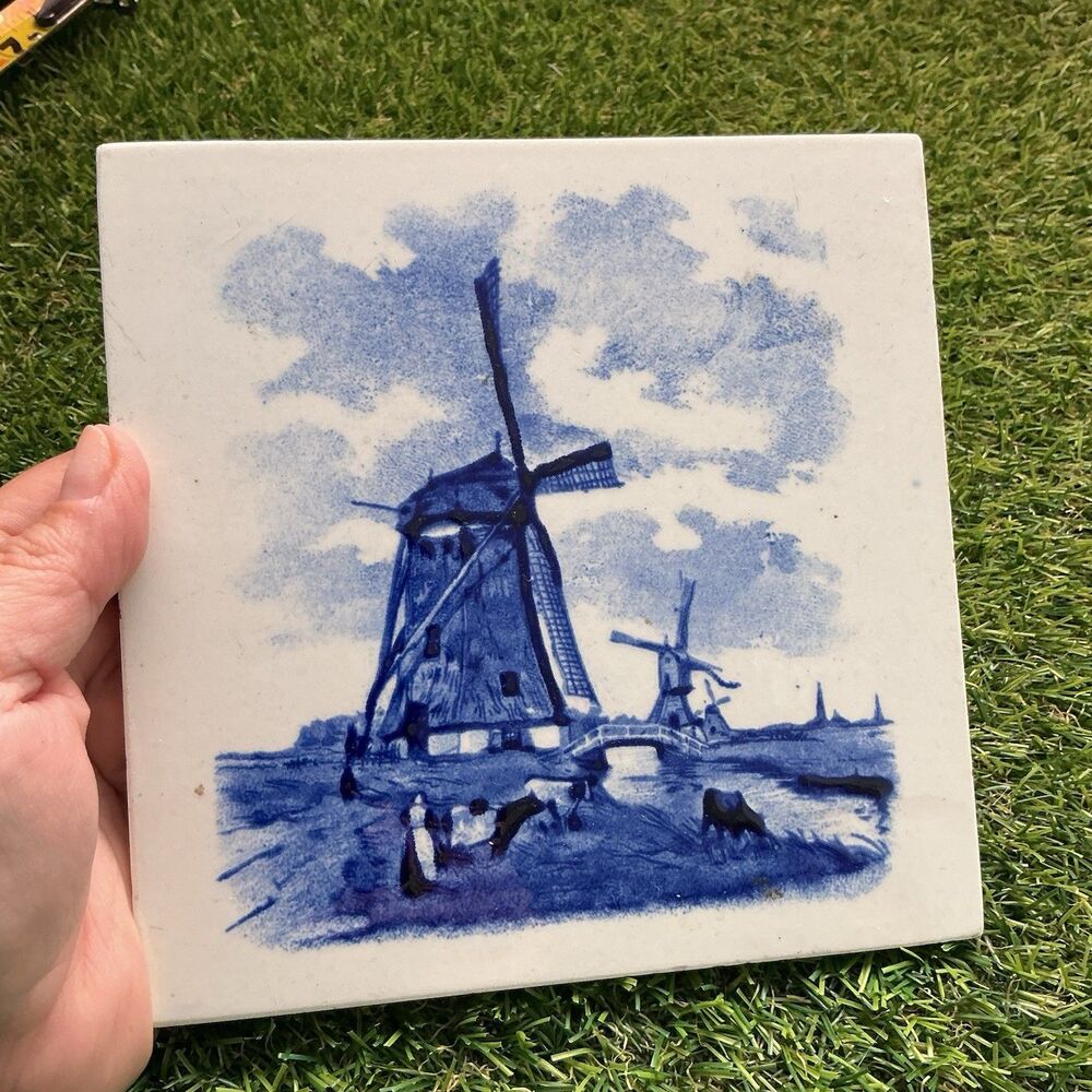 Vintage Delft Blue White Windmill Ceramic Tile Holland Dutch Scene 6” Square
